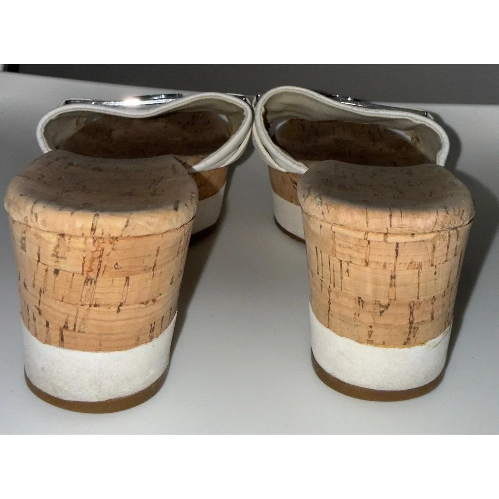 Michael Kors White Leather Cork Wedge Platform Sandals MK Logo Slides size 6